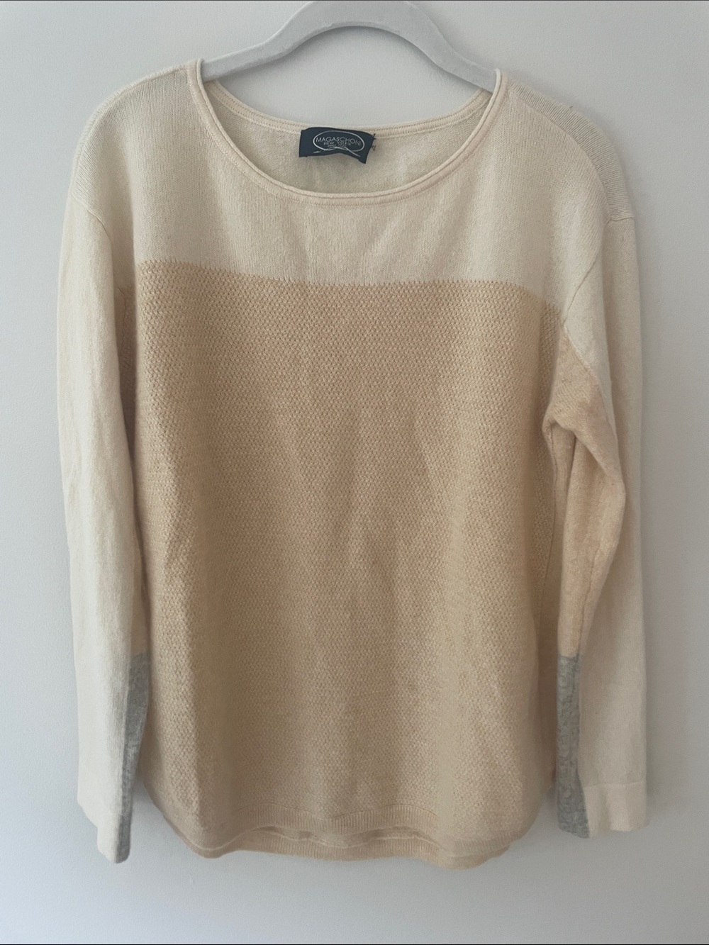 Magaschoni Cream, Beige and Light Gray Colorblock Cashmere Crew